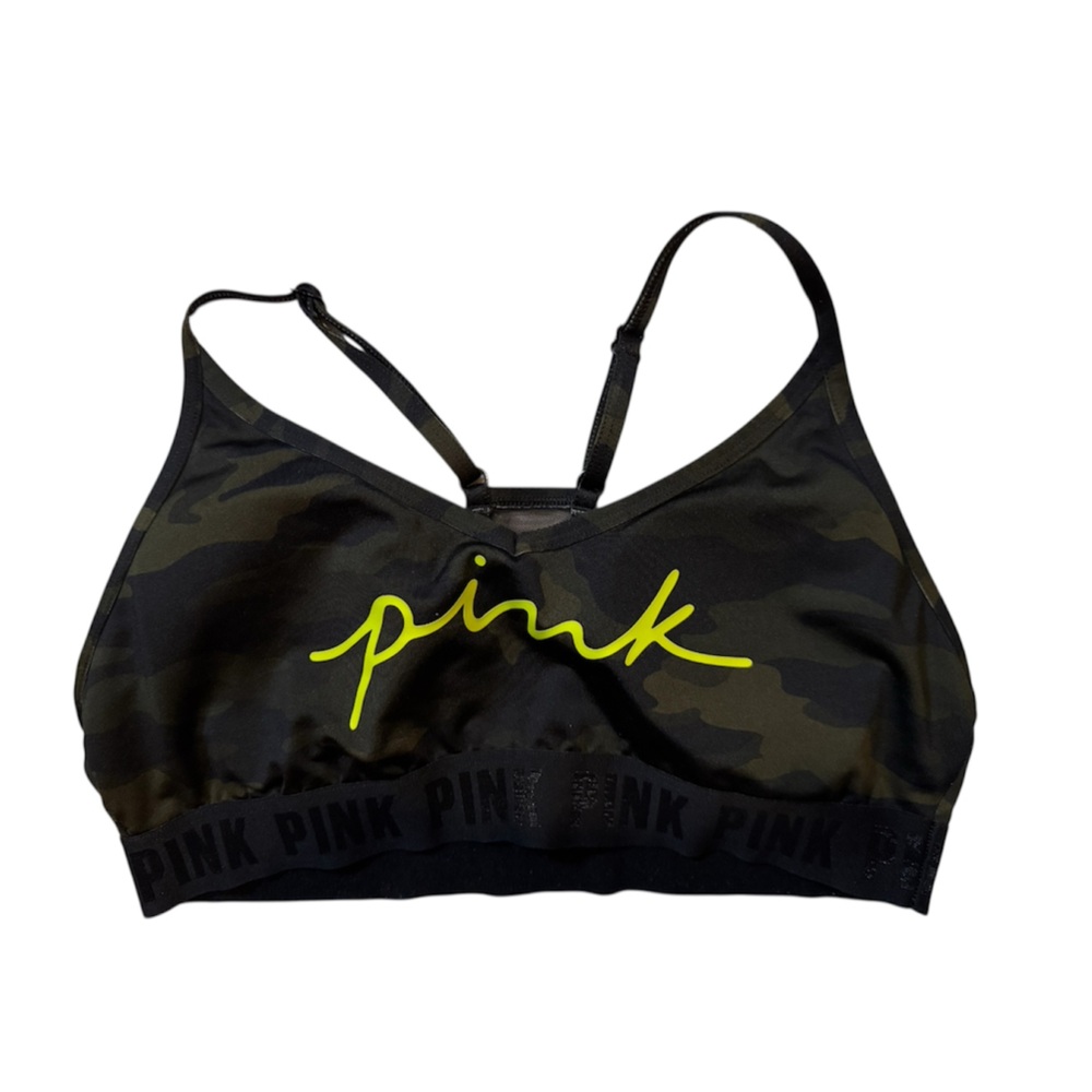 PINK Victoria's Secret Black and Green Sports Bra Sleek Design